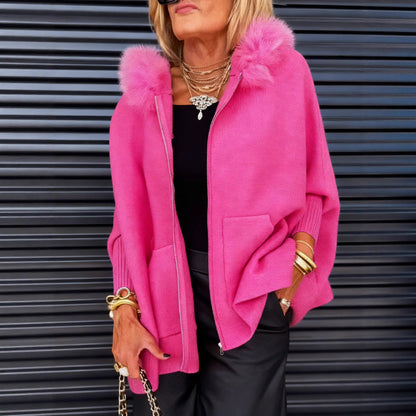 Oversized Faux Fur Hood Zip Up Knit Cardigan Pockets