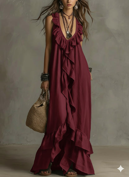 Women's Boho Ruffle V-Neck Sleeveless Maxi Dress