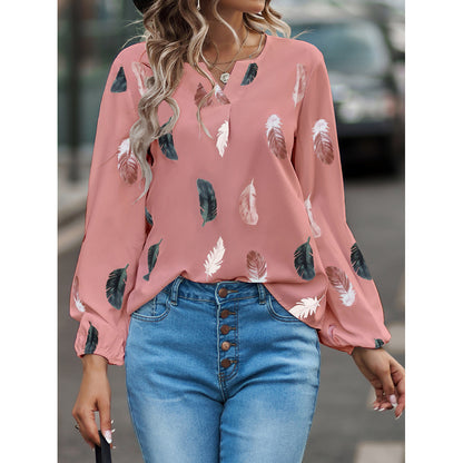 Feather Print V Neck Chiffon Blouse Long Sleeve Top