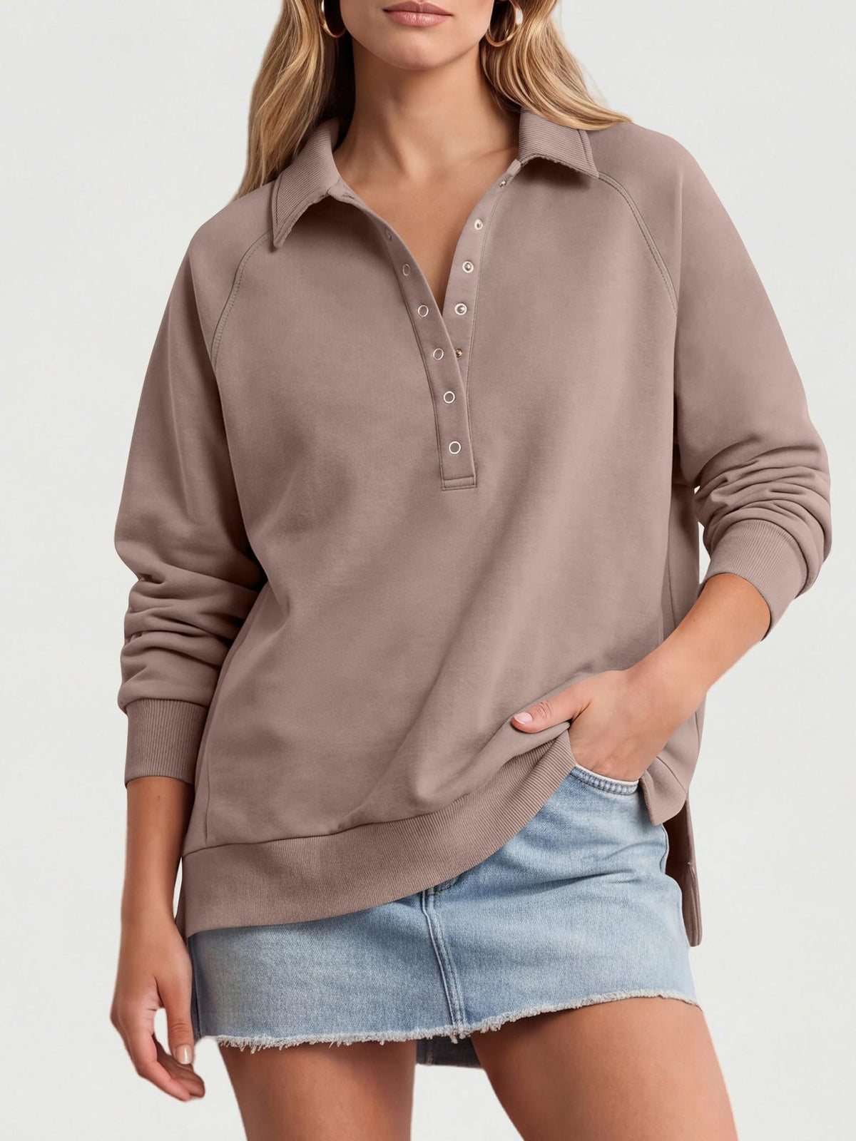 Women's Oversized Collared Button Pullover Sweatshirt