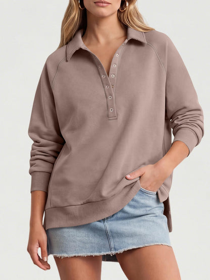 Women's Oversized Collared Button Pullover Sweatshirt