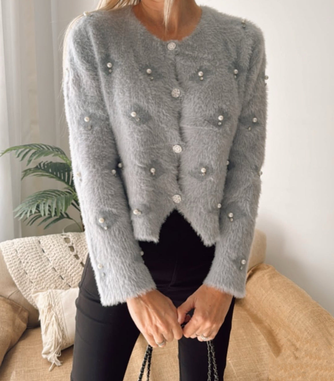 Women's Fuzzy Pearl Embellished Cropped Cardigan Sweater
