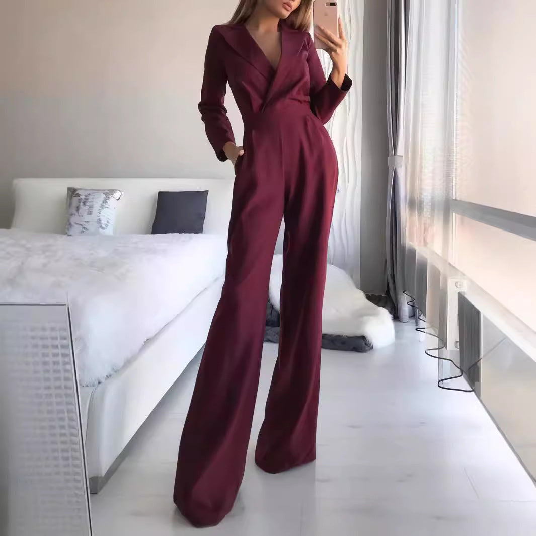 Women's Long Sleeve Blazer Jumpsuit Wide Leg Workwear