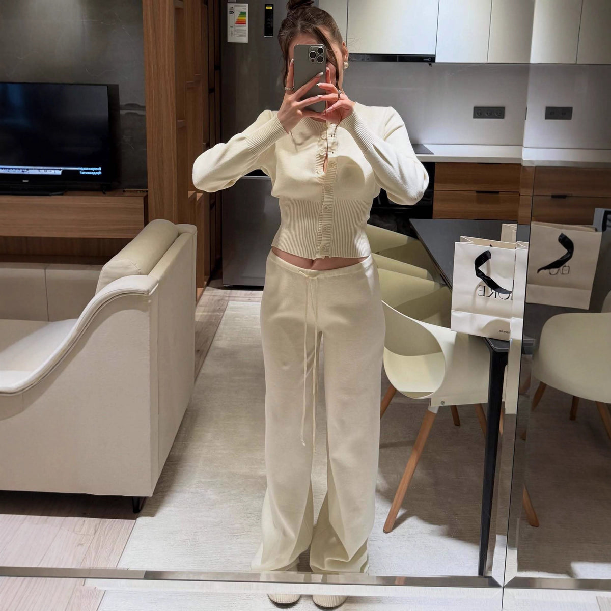 Women's Two Piece Ribbed Knit Cardigan Wide Leg Pants Set