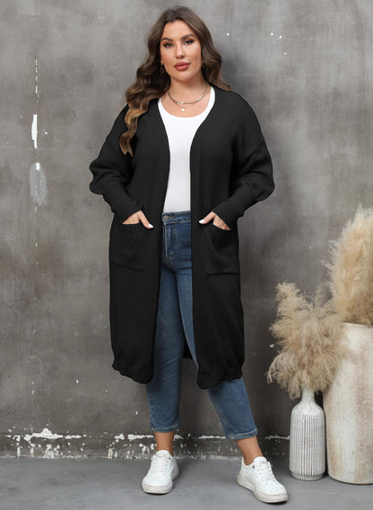 Loose Medium and Long Double Pocket Lantern Sleeve Sweater Cardigan