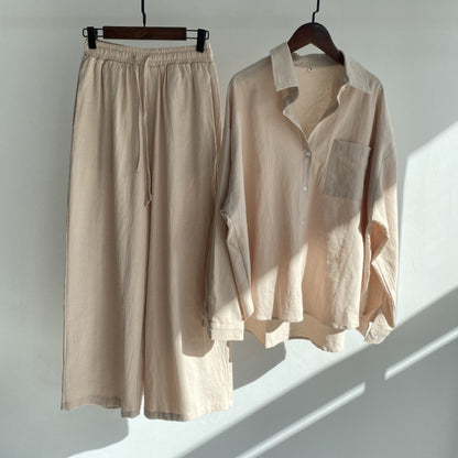 Linen Blend Button Shirt Wide Leg Pants Two Piece Set