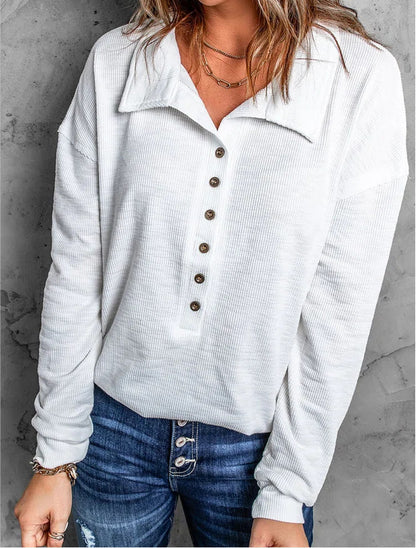 Oversized Ribbed Knit Collared Button Front Long Sleeve Top