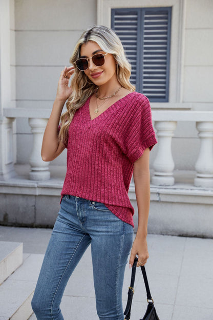 Solid Ribbed Knit Top V Neck Short Sleeve Casual Tee