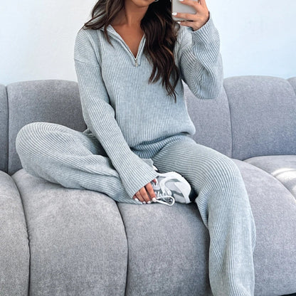 Women's Ribbed Knit Two Piece Set Half Zip Sweater Pants