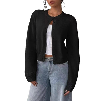 Women Cropped Knit Cardigan Long Sleeve Button Front Loose