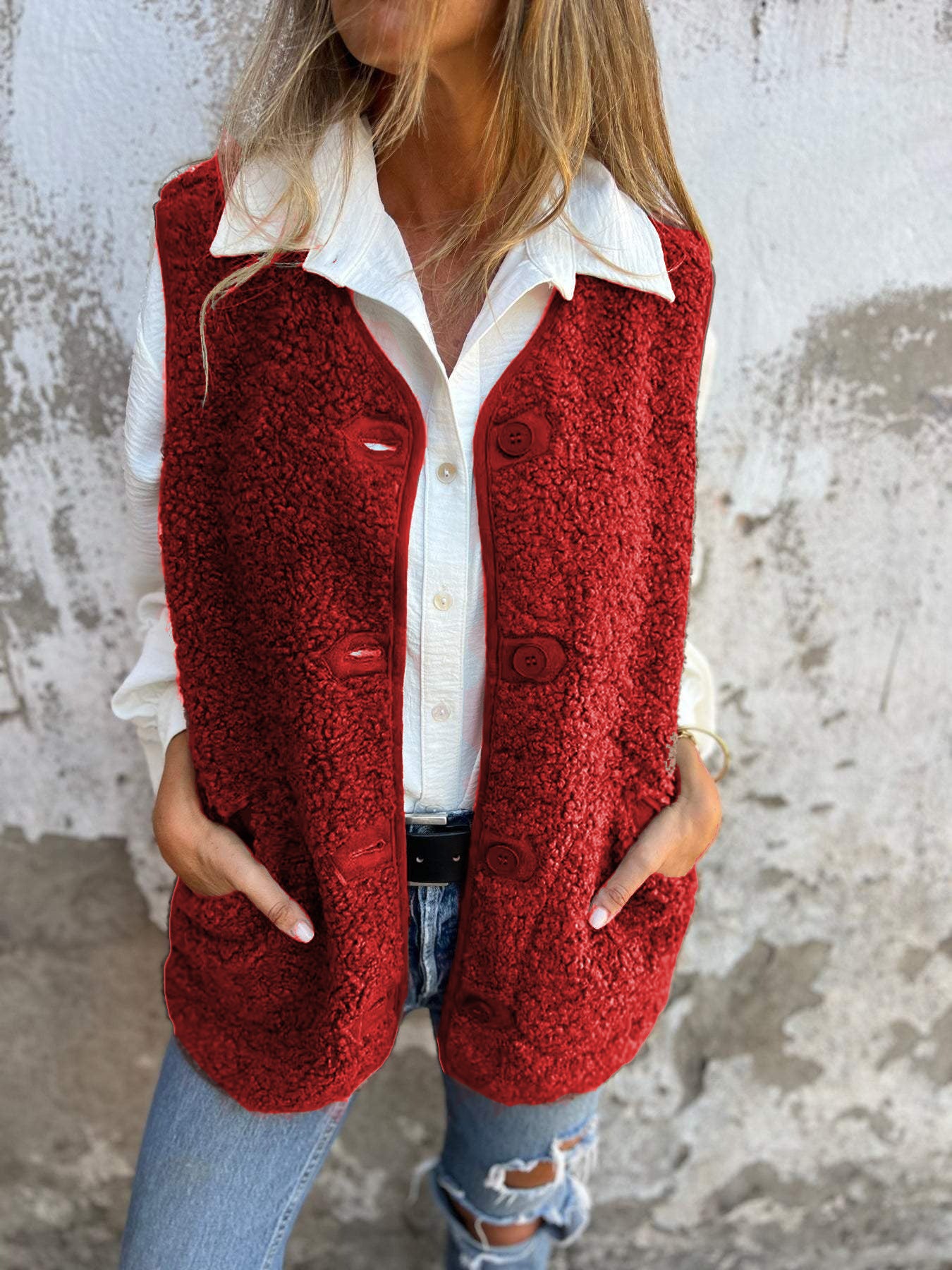 Women's Sherpa Fleece V-Neck Button Front Vest