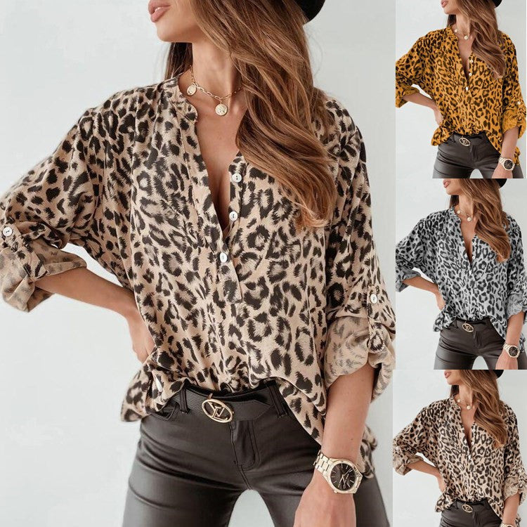 Women's Leopard Print Long Sleeve Button Down Blouse