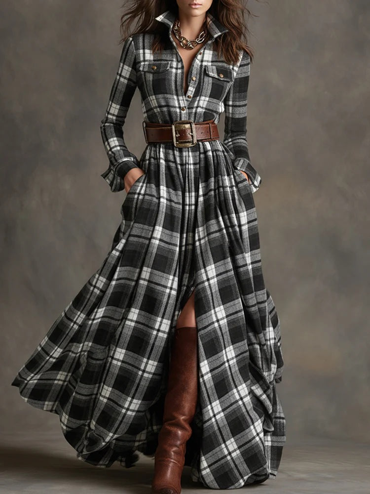 Plus Size Plaid Maxi Shirt Dress Belted Long Sleeve