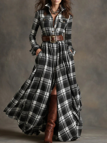 Plus Size Plaid Maxi Shirt Dress Belted Long Sleeve