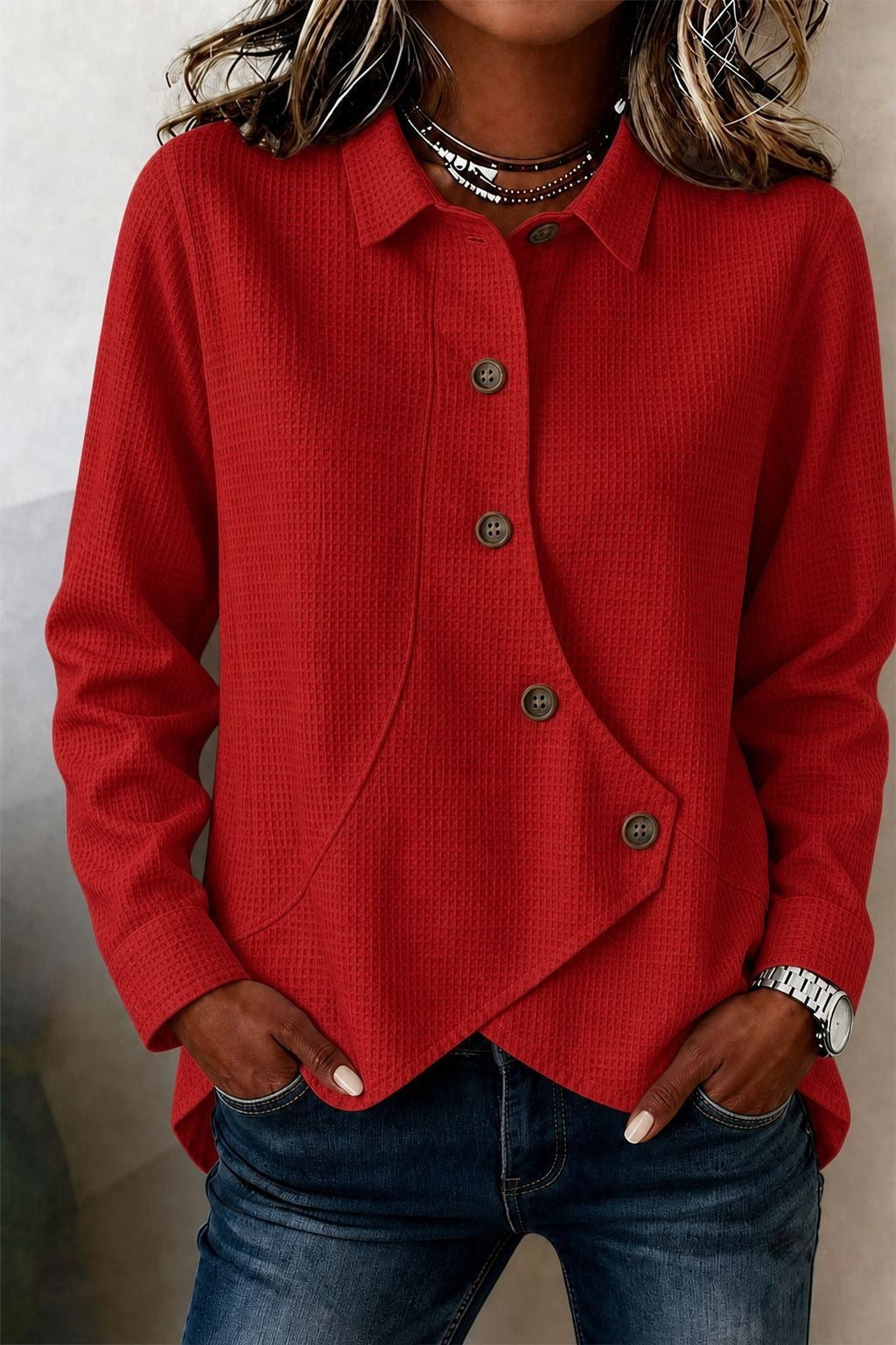 Women's Waffle Knit Button Down Collared Asymmetric Top