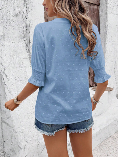 Mint Green Eyelet V Neck Boho Puff Sleeve Top