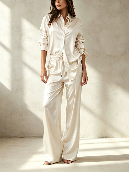 Women's Satin Shirt Wide Leg Pants Two Piece Set