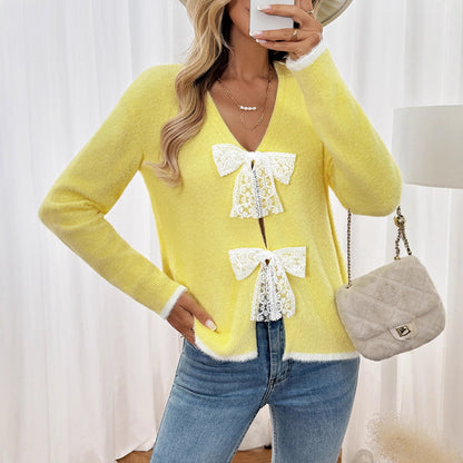 Fuzzy Knit Lace Bow Tie V Neck Cardigan Sweater