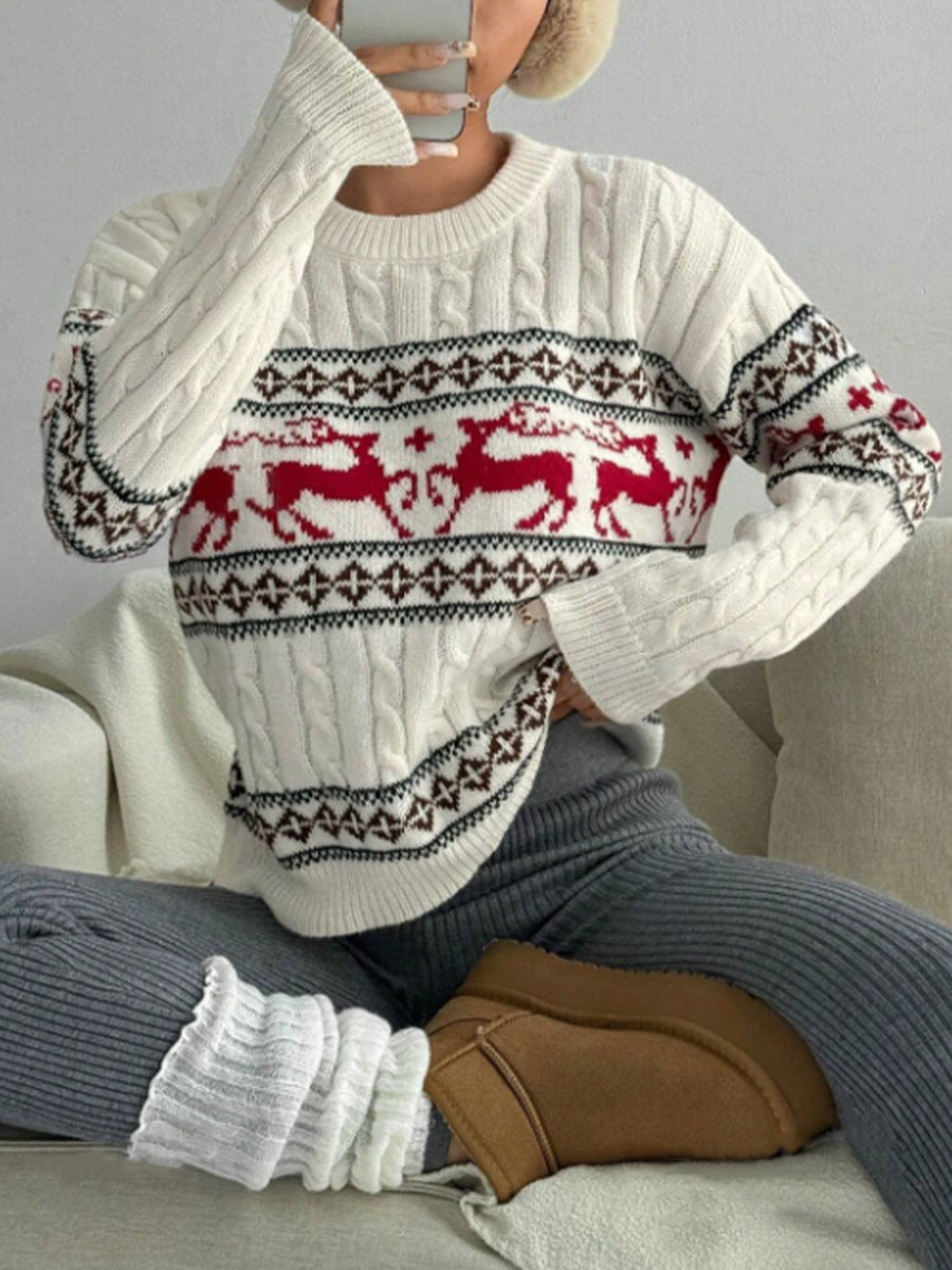 Women's Christmas Reindeer Cable Knit Crewneck Sweater