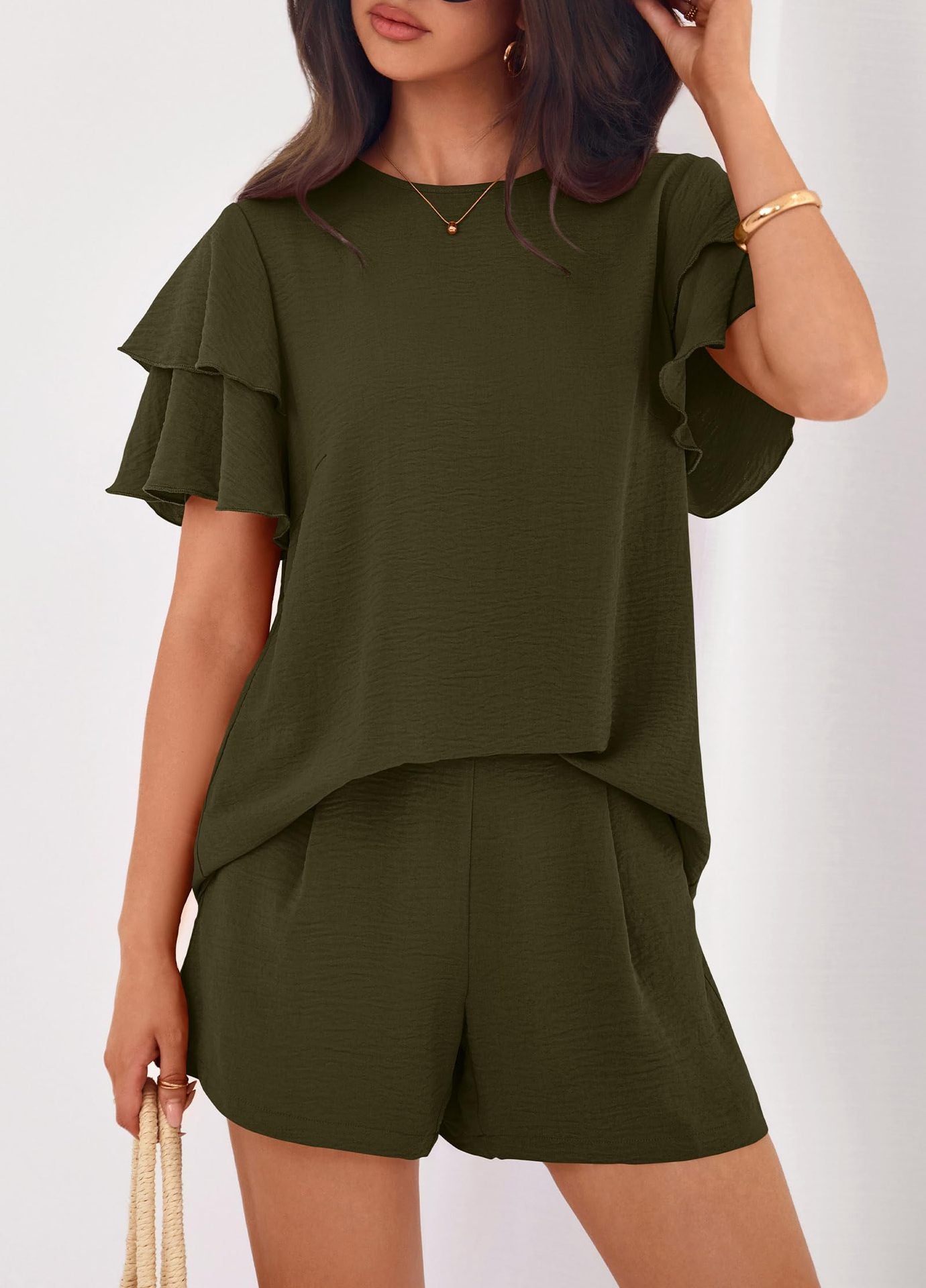 Solid Lounge Set Ruffle Sleeve Top Shorts 2 Piece Set