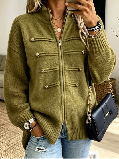 Womens Oversized Zip Up Cardigan Button Detail Mock Neck