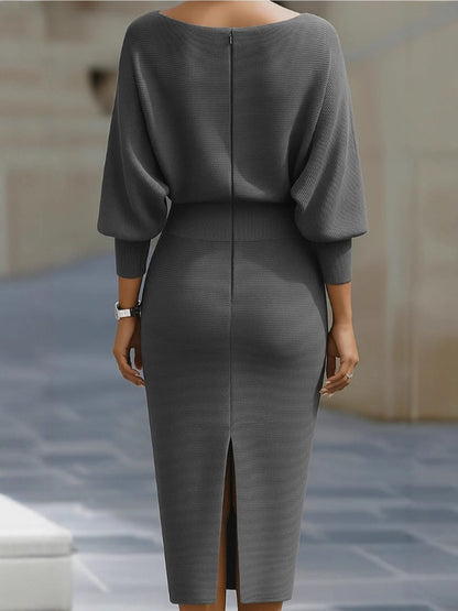 Cowl Neck Batwing Sleeve Ribbed Midi Sweater Dress