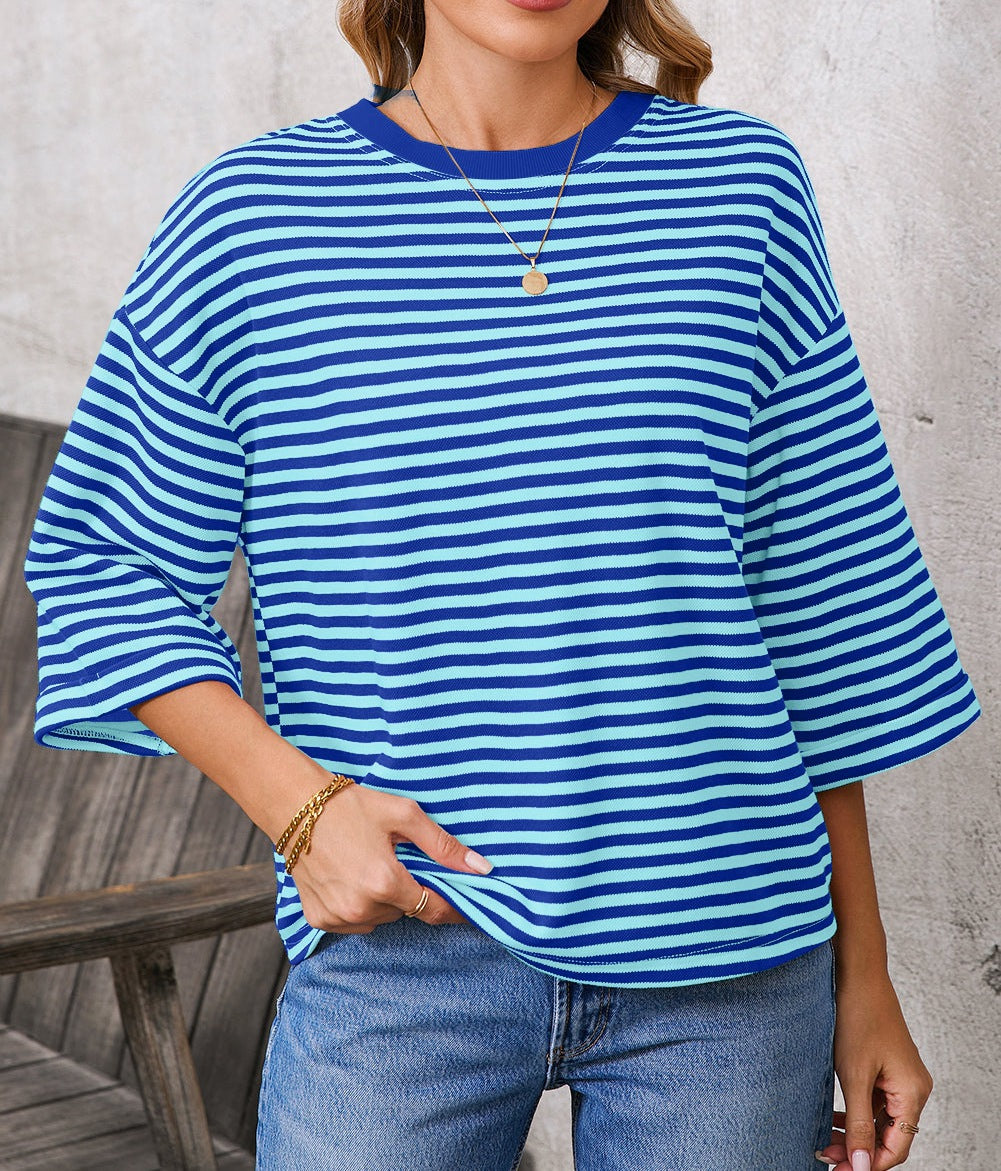 Blue Striped Knit Back Bow Open Back Top Women