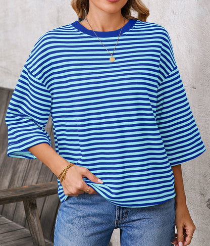 Blue Striped Knit Back Bow Open Back Top Women