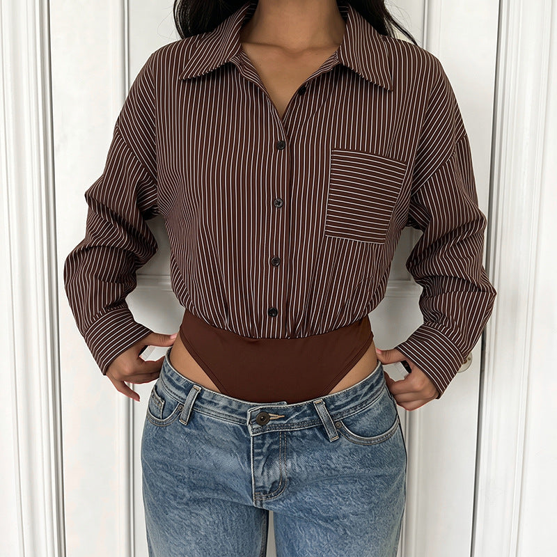 Striped Shirt Jumpsuit Button Front Cropped Pants