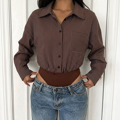 Striped Shirt Jumpsuit Button Front Cropped Pants