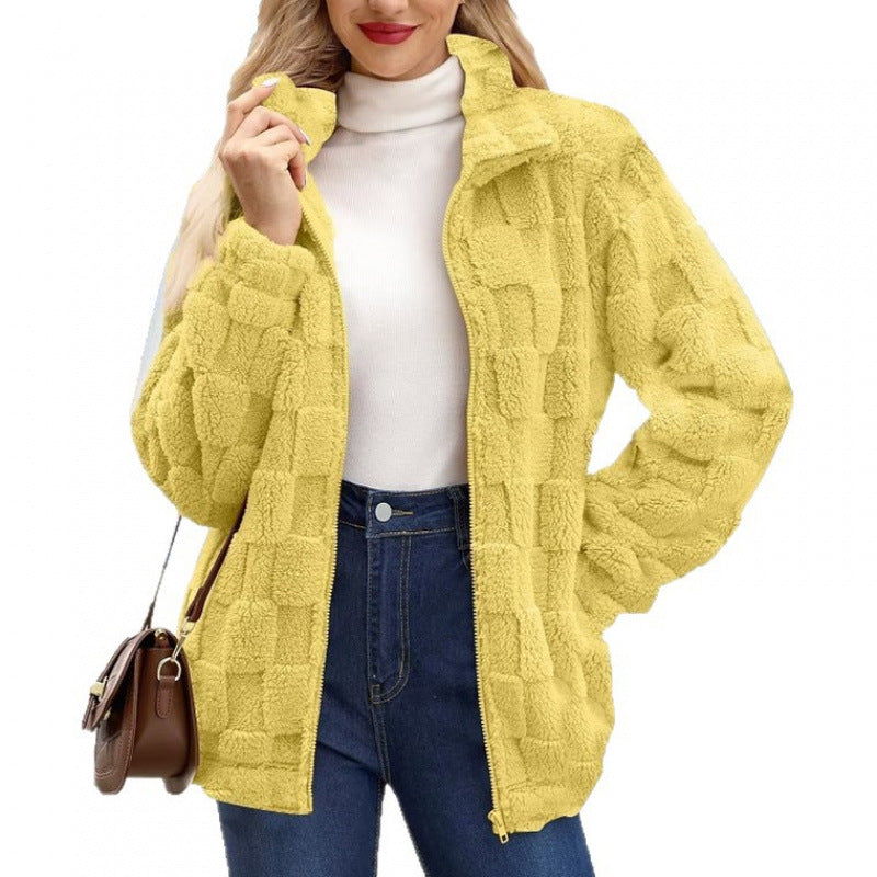 Textured Plush Zip Jacket Stand Collar Fleece Outerwear