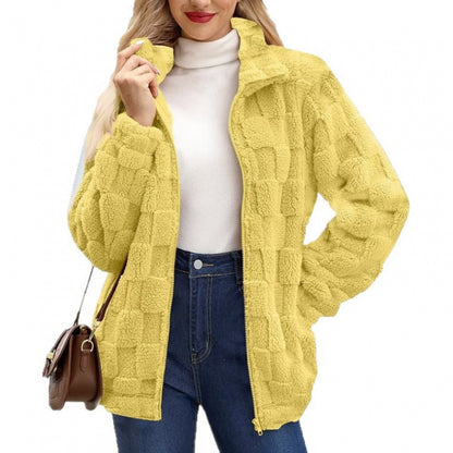 Textured Plush Zip Jacket Stand Collar Fleece Outerwear