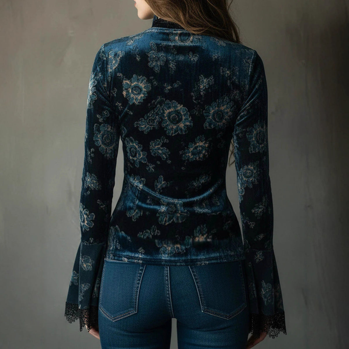 Women's Velvet V-Neck Lace Bell Sleeve Floral Blouse