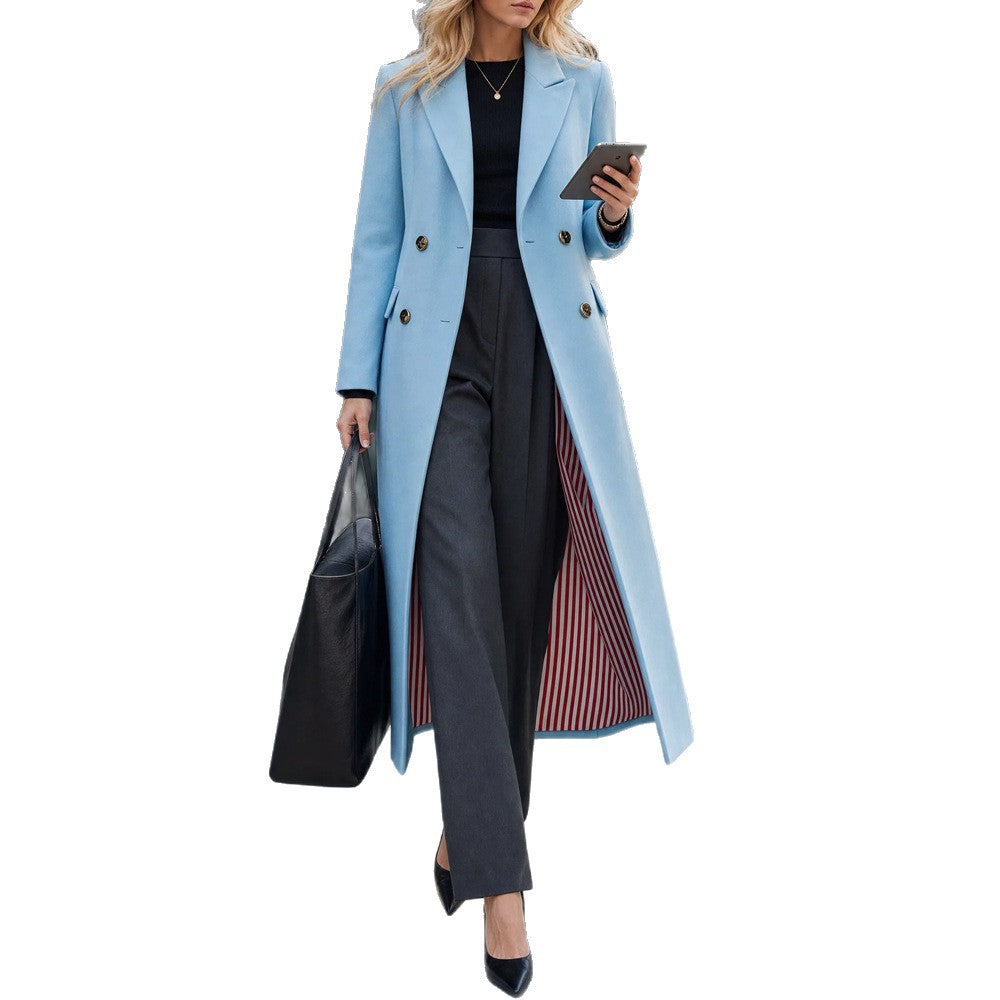 Women's Blue Double Breasted Long Coat Elegant