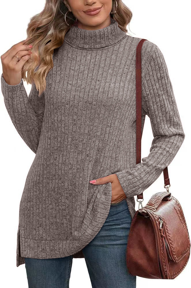Oversized Ribbed Turtleneck Tunic Top Side Split