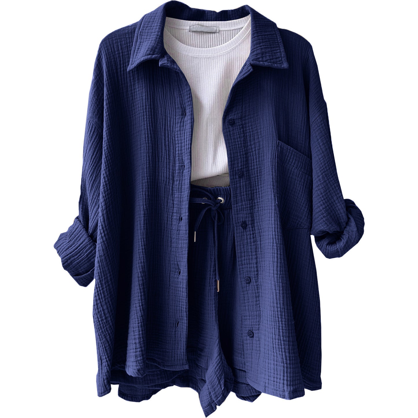 Women's Textured Shirt & Drawstring Shorts Matching Set