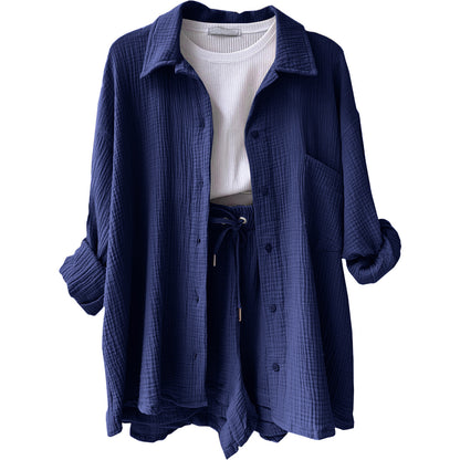 Women's Textured Shirt & Drawstring Shorts Matching Set