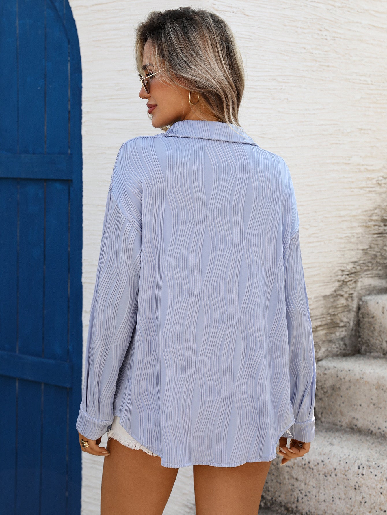 Light Purple Textured Oversized Button Down Tie Front Shirt