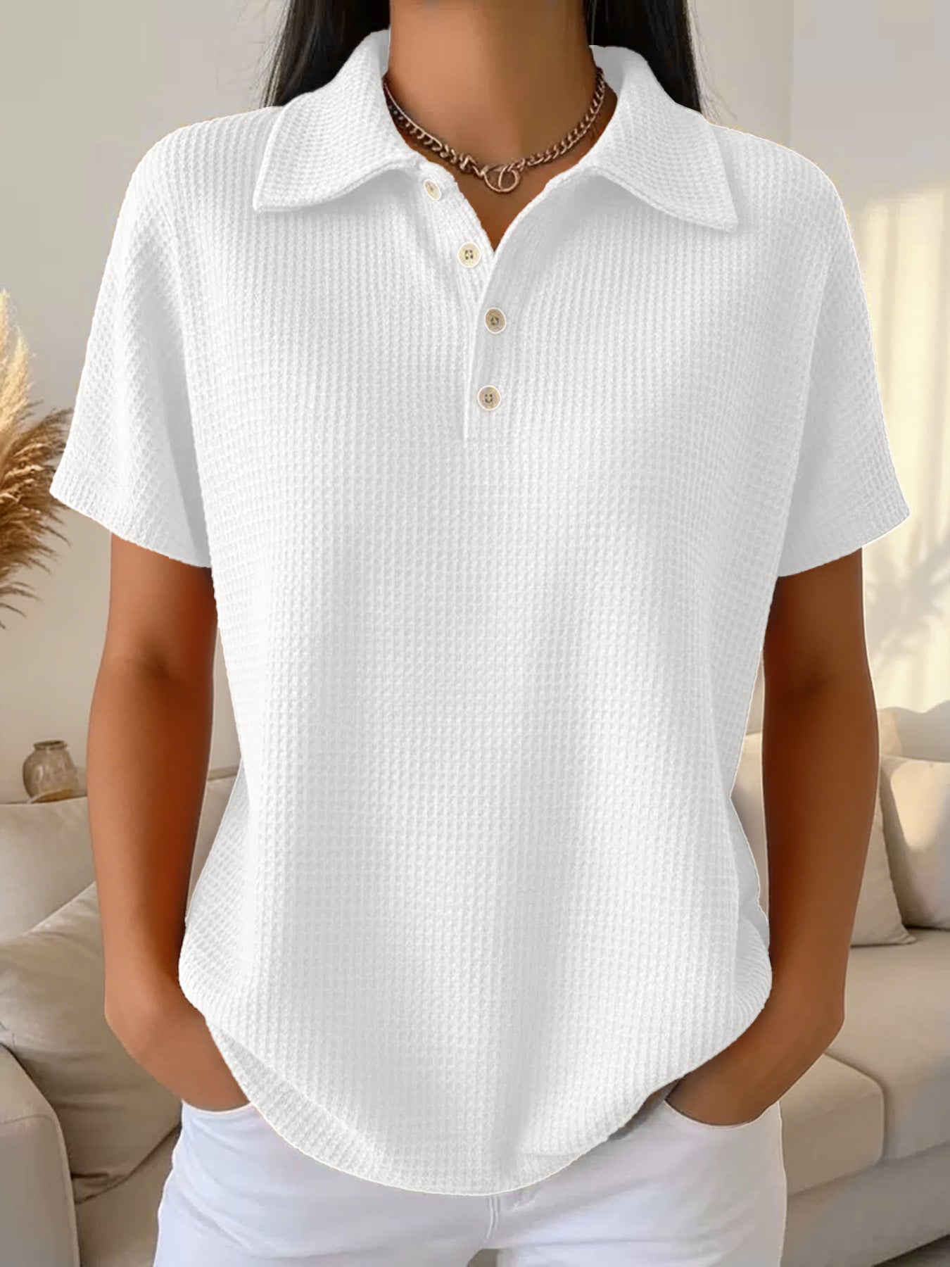 Women's Oversized Waffle Knit Polo Shirt Long Sleeve Top