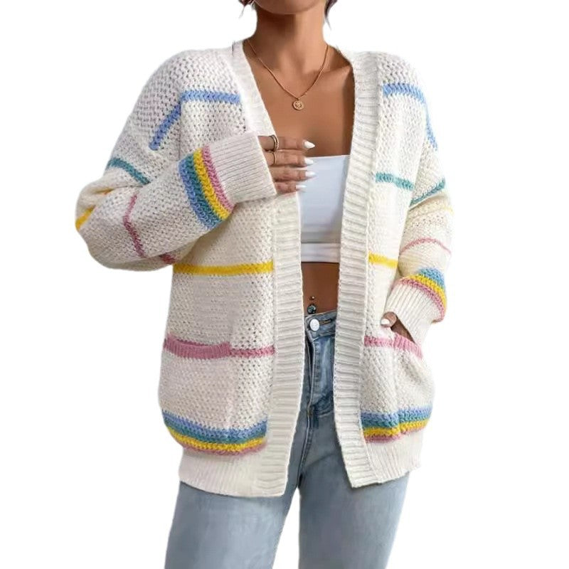 Women's Rainbow Striped Oversized Knit Cardigan