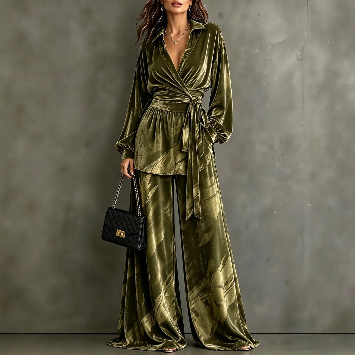 Women's Velvet Wrap Top Wide Leg Pants Two Piece Set