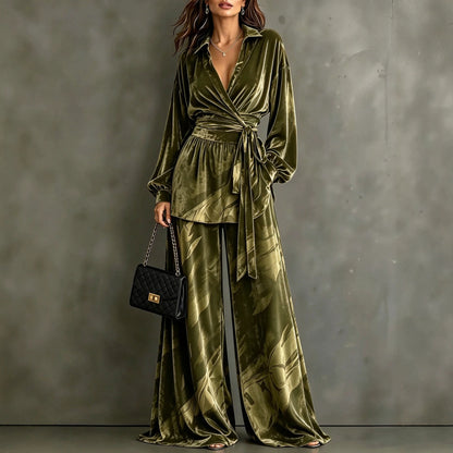 Women's Velvet Wrap Top Wide Leg Pants Two Piece Set