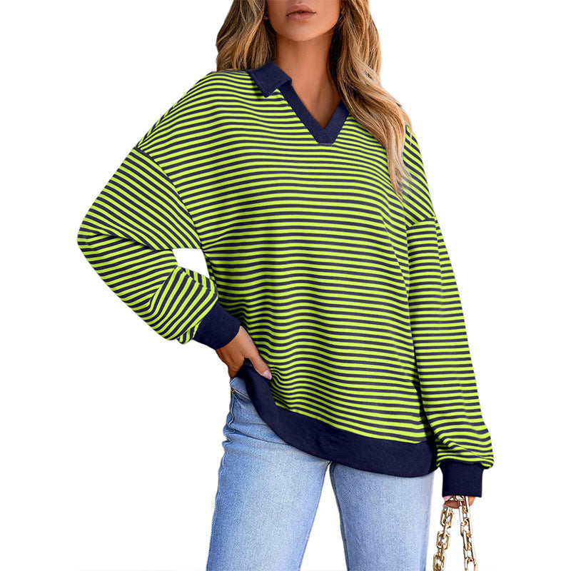 Women's Striped V-Neck Collared Long Sleeve Sweatshirt