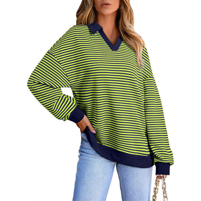 Women's Striped V-Neck Collared Long Sleeve Sweatshirt
