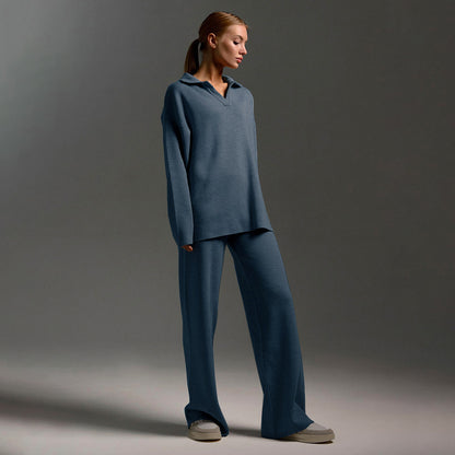 Women's Polo Knit Sweater Set with Wide Leg Pants