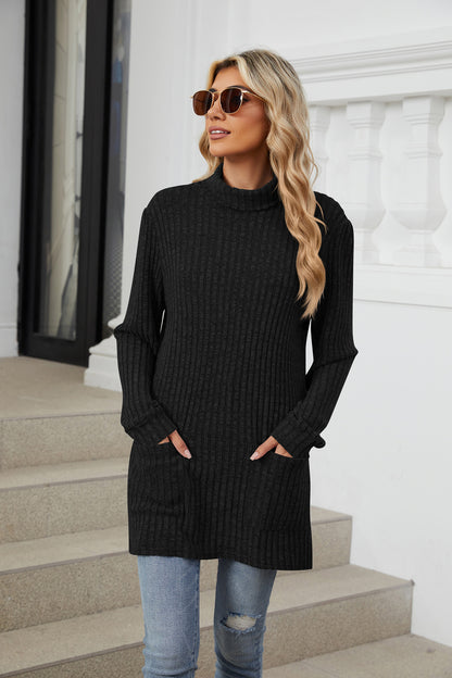 Women's Oversized Ribbed Mock Neck Tunic with Pockets