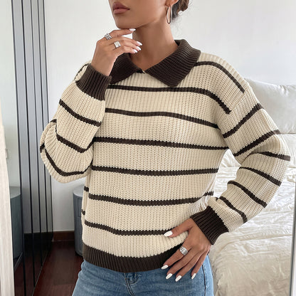Striped Polo Sweater Contrast Trim Relaxed Fit
