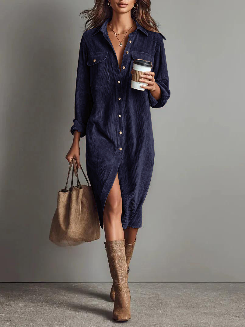 Women's Corduroy Shirt Dress Long Sleeve Button Down Midi