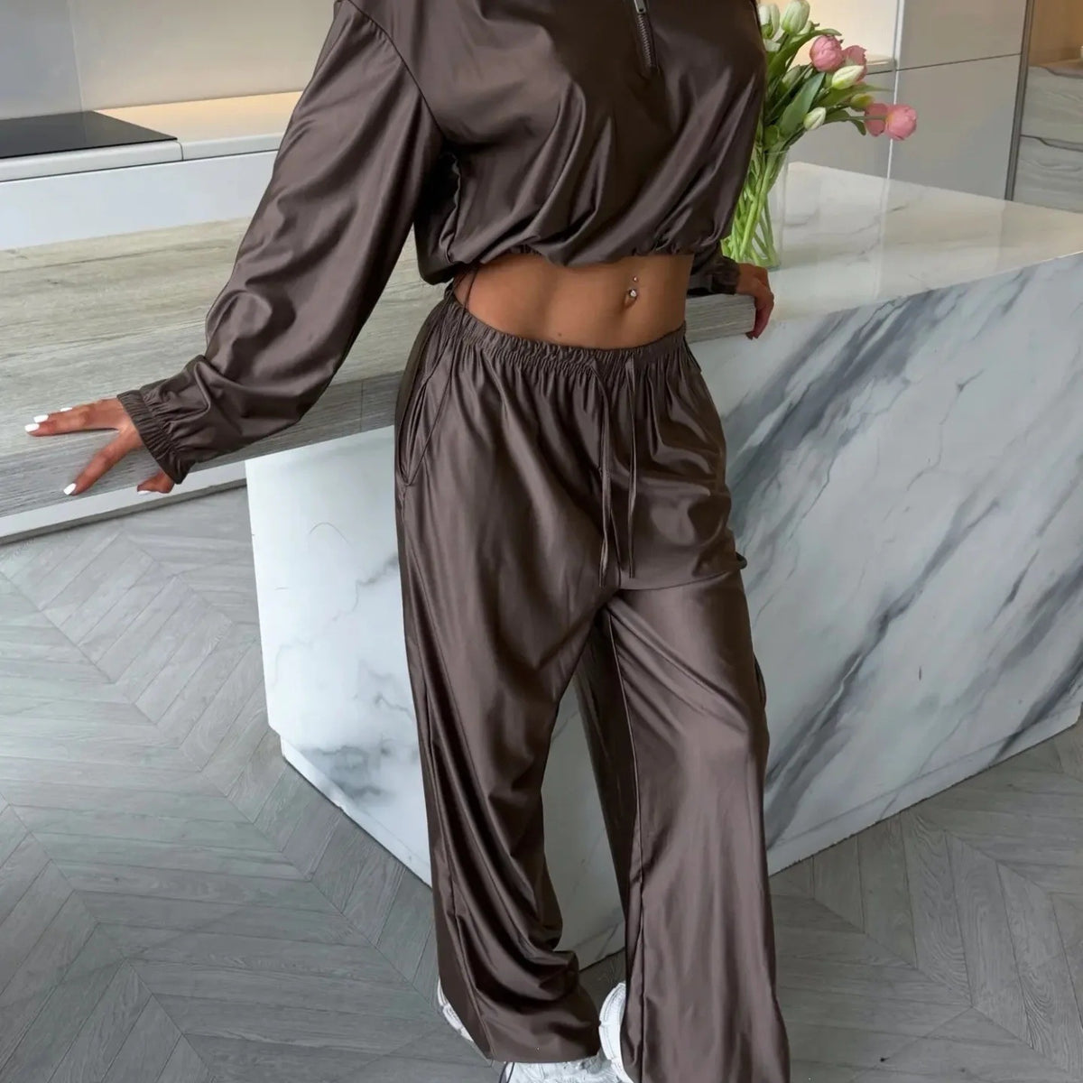 Women's Satin Zip Up Jacket Wide Leg Pants Two Piece Set