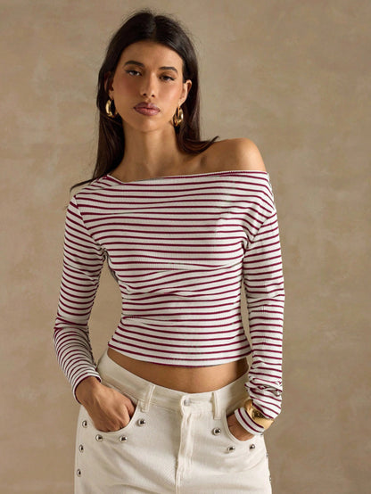 Women's Striped Off Shoulder Long Sleeve Knit Top